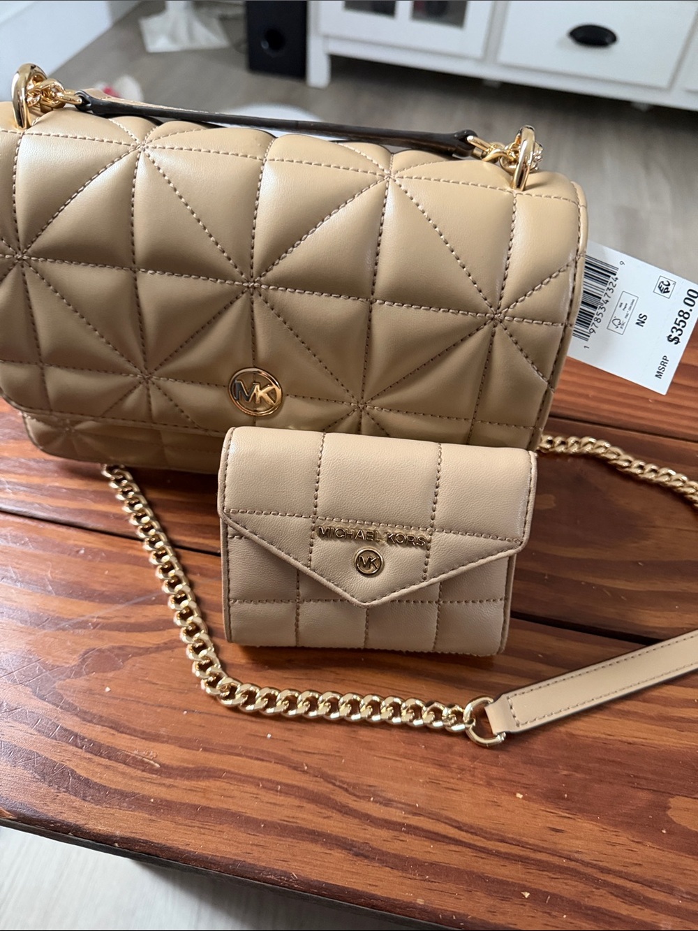 Michael Kors Quilted Beige Crossbody Bag with Matching Wallet
